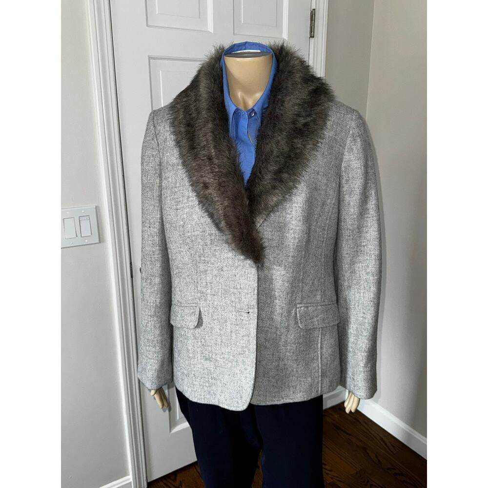 Talbots Grey Herringbone Wool Blend Blazer with Faux Fur Collar Womens Jacket XL
